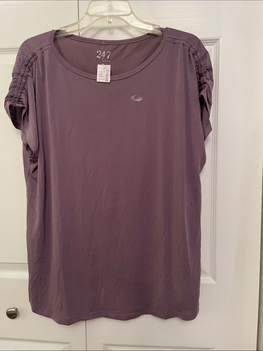 NWT 24/7 Maurices Purple Short Sleeve Shirt with Ruched Shirred Shoulder Accents